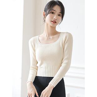 Kore方领针织衫 长袖 女2025秋冬新款 高腰内搭短款 上衣白 修身 Mere