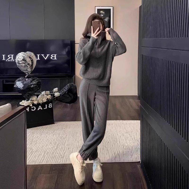 欧洲站秋冬穿搭2024新款时尚休闲运动套装女针织衫上衣裤子两件套