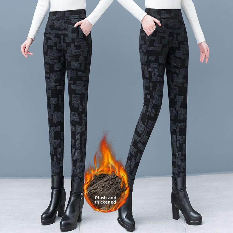 高档秋冬加绒加厚花色打底裤子女裤外穿大码新款毛裤棉裤秋裤靴裤