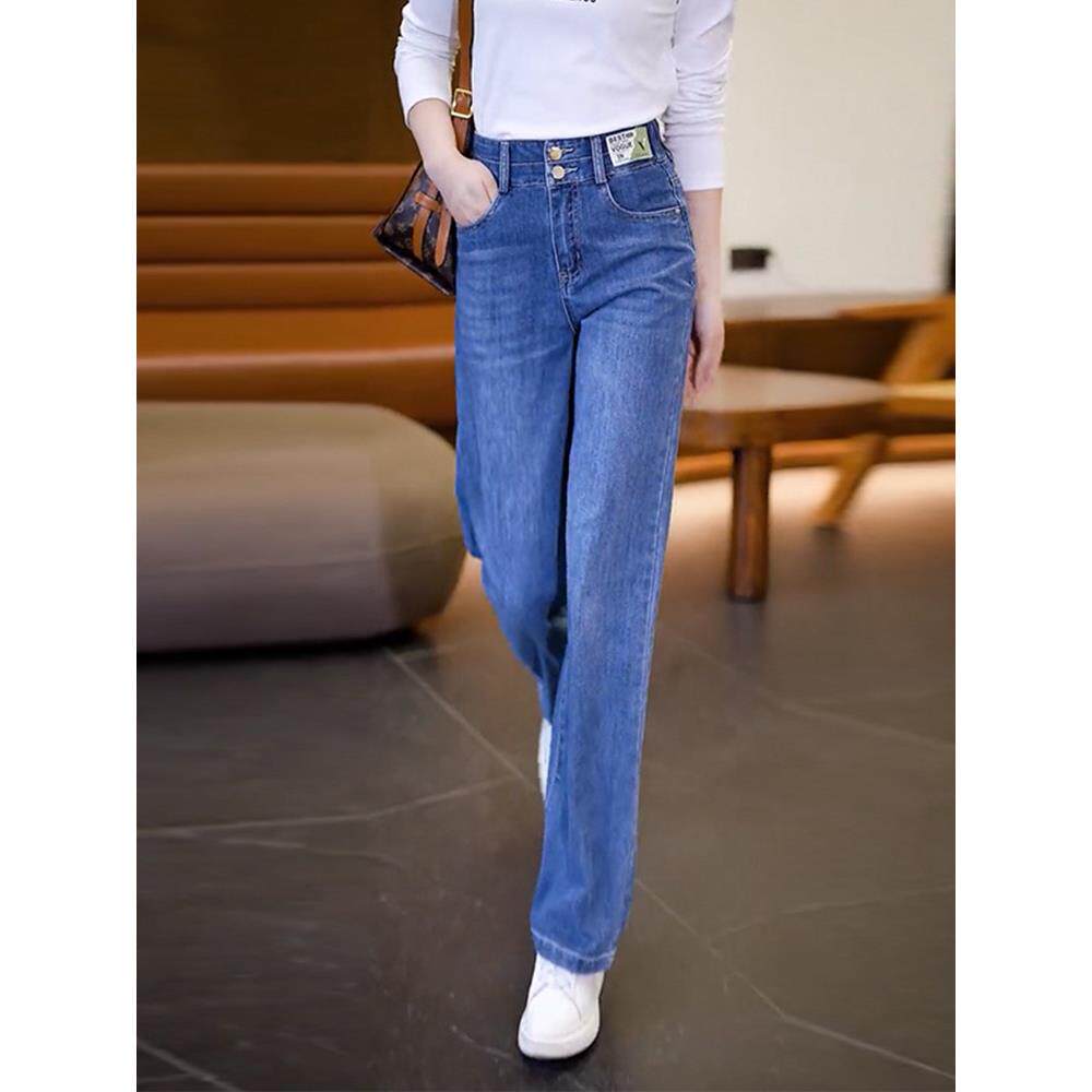 窄版直筒牛仔裤女2025春秋新款松紧高腰弹力显瘦大码阔腿裤长裤子