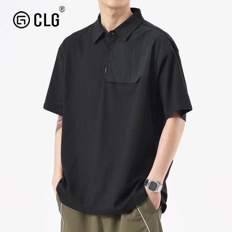 香港CLG潮牌重磅polo衫短袖男新款宽松大尺码翻领痞帅拼接半袖T恤