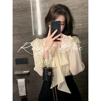 法国rouje chic法式设计感小众蝴蝶结领雪纺衬衫女春季蕾丝长袖