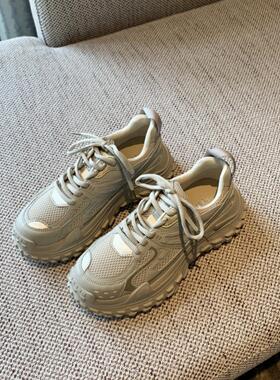 ZaSaFran~物超所值！时尚系带网面运动鞋女真皮厚底4.5cm老爹鞋潮