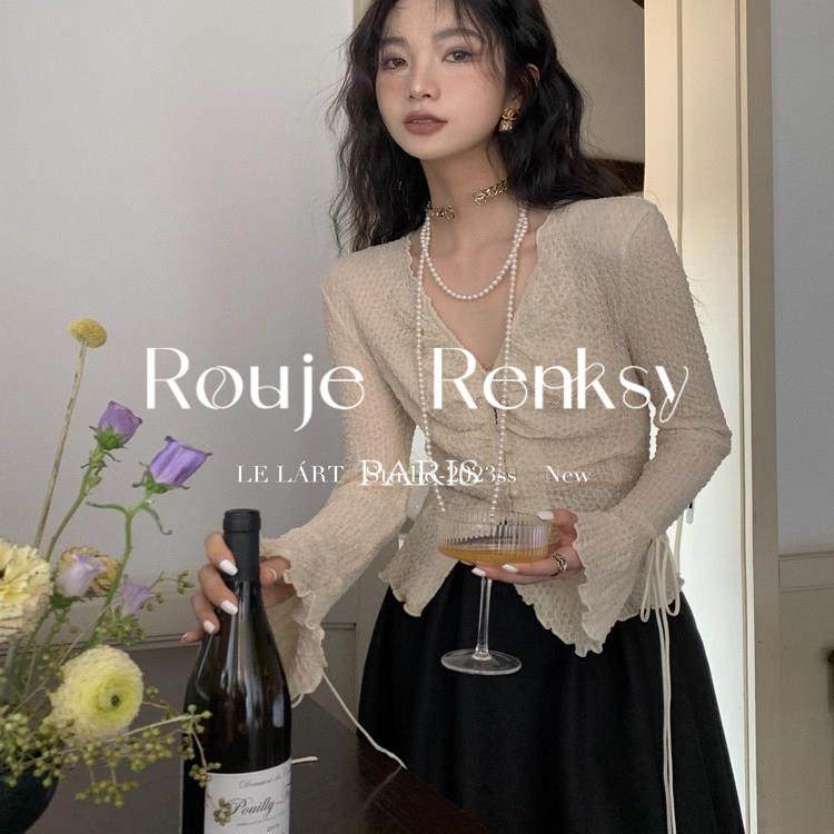 法国rouje renksy杏色气质单排扣肌理感V领抽绳上衣女修身长袖T恤,女装/女士精品,大码内搭,淘宝优惠券,粉丝福利购,淘宝优惠卷