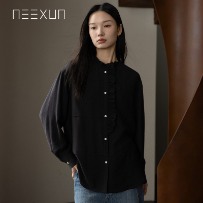 NEEXUN奈寻黑色衬衫女2025春季新款木耳边立领长袖宽松中长白衬衣