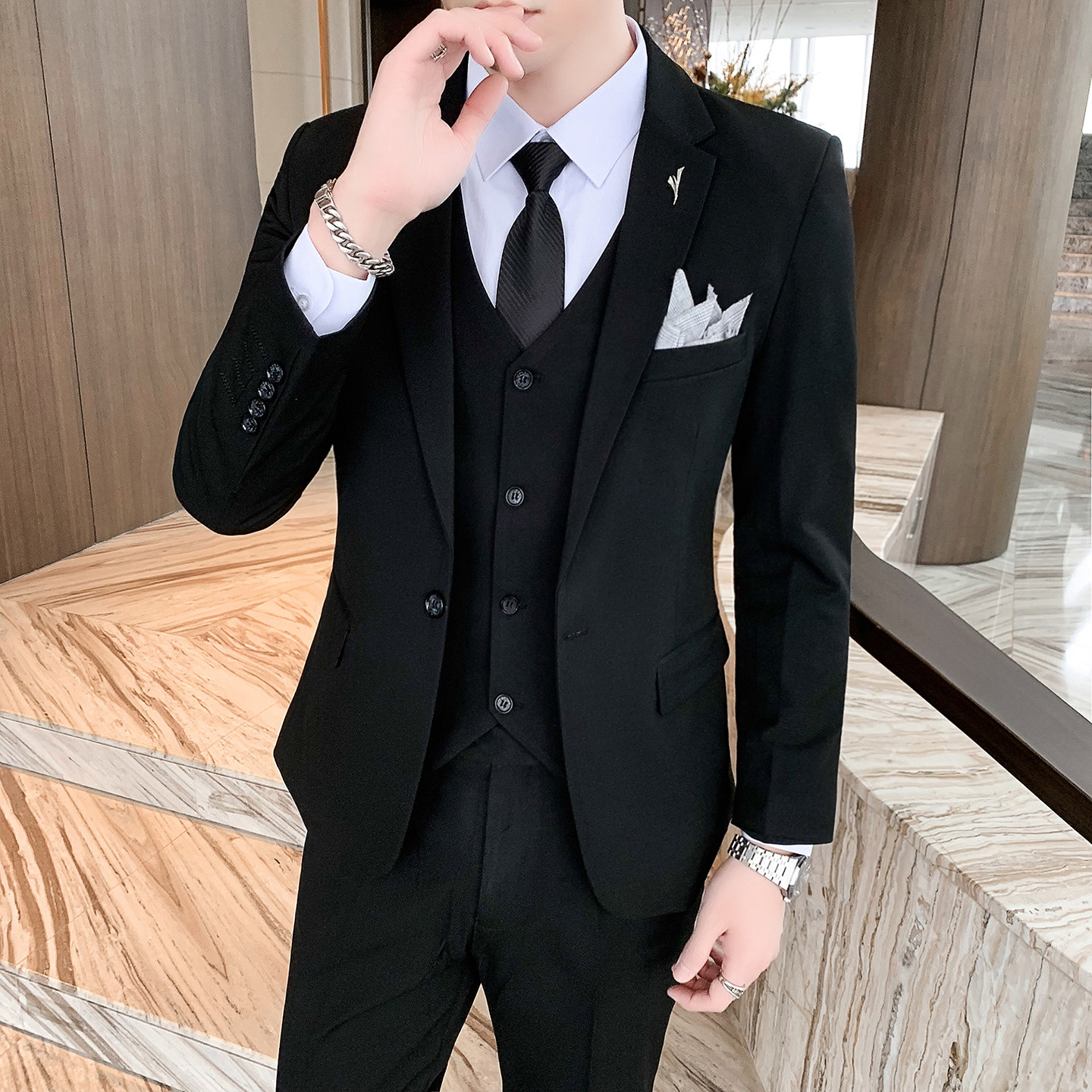 西装套装男士商务休闲新郎结婚学生青少年成人礼服修身西服三件套