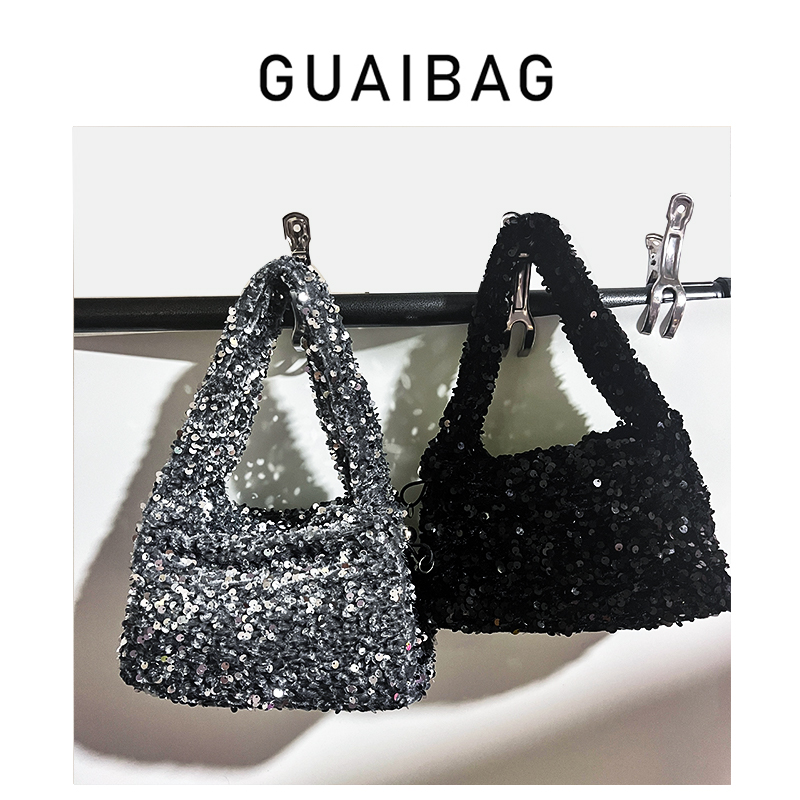 日韩blingbling包新款潮流黑色亮片手拎包小众设计手提包女高级感
