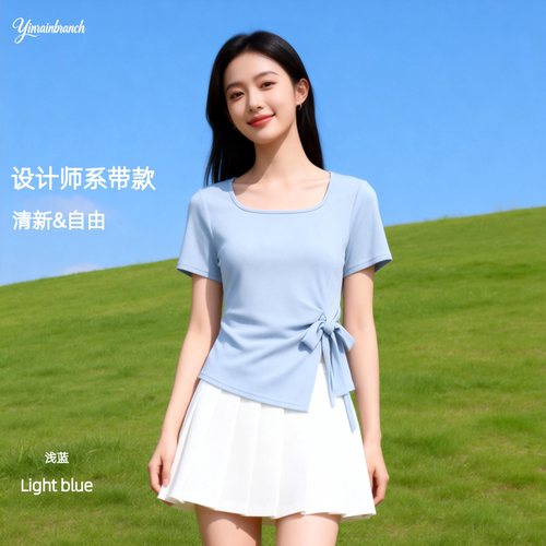 YINYUZHI/吟雨枝新款不规则T恤系带开叉欧若风短袖显瘦19051