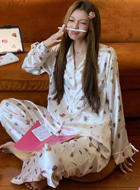 kitty冰丝缎面睡衣女甜美少女高级感卡通夏季长袖长裤家居服ins