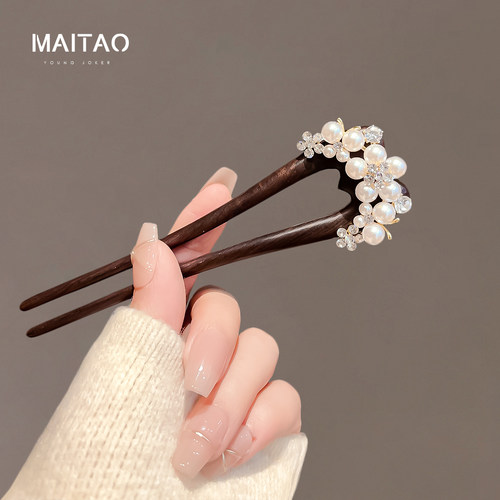 u型旗袍头饰黑檀木新款发簪