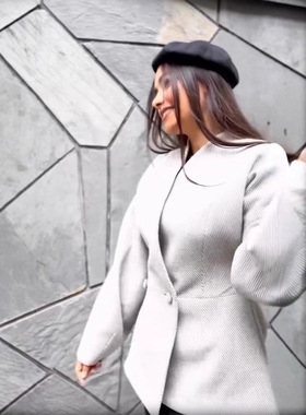 2025秋冬新款欧美亚马逊跨境外套长袖气质西装穿搭灰色