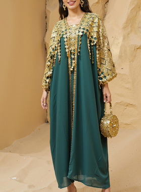 musilin跨境中东女装亮片绣花流苏长袍两件套亚马逊abaya连衣裙长