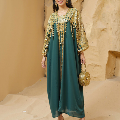 musilin跨境中东女装亮片绣花流苏长袍两件套亚马逊abaya连衣裙长