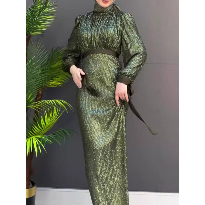 2025秋冬新款外贸女装中东迪拜气质高级感亮面修身长款礼服连衣裙