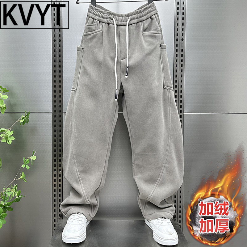 高端加绒弯刀裤男士2025年冬季新款加厚直筒阔腿裤男款休闲运动裤,男装,卫裤,淘宝优惠券,粉丝福利购,淘宝优惠卷