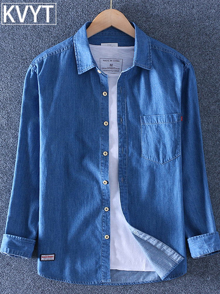 高端棉质牛仔衬衫男士春秋季新潮流品牌覆古长袖衬衫男士百搭上衣