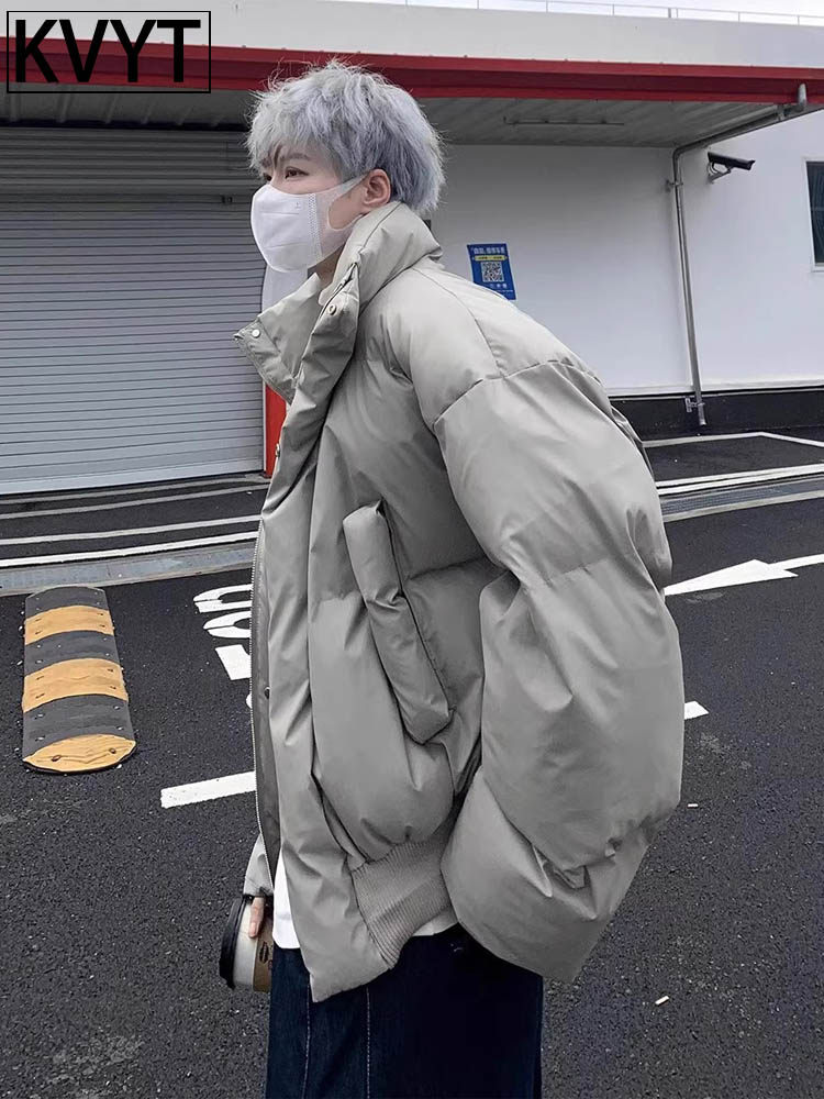 潮牌灰色短款棉服男冬季美式高级感立领宽松棉袄子冬装外套棉衣厚