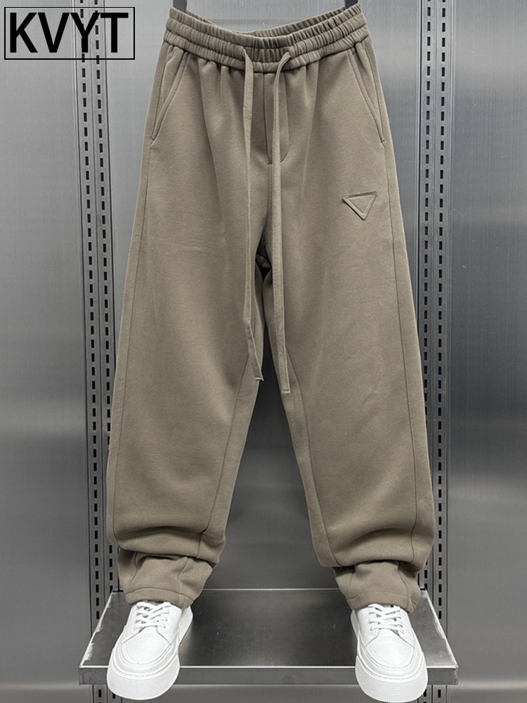 潮牌男士高级感弯刀裤2025年秋冬季新款加绒卫裤男款直筒加厚长裤