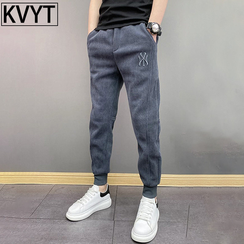 男士牛仔裤加绒冬装潮牌痞帅烟管裤秋冬季加厚灯芯绒裤束脚哈伦裤