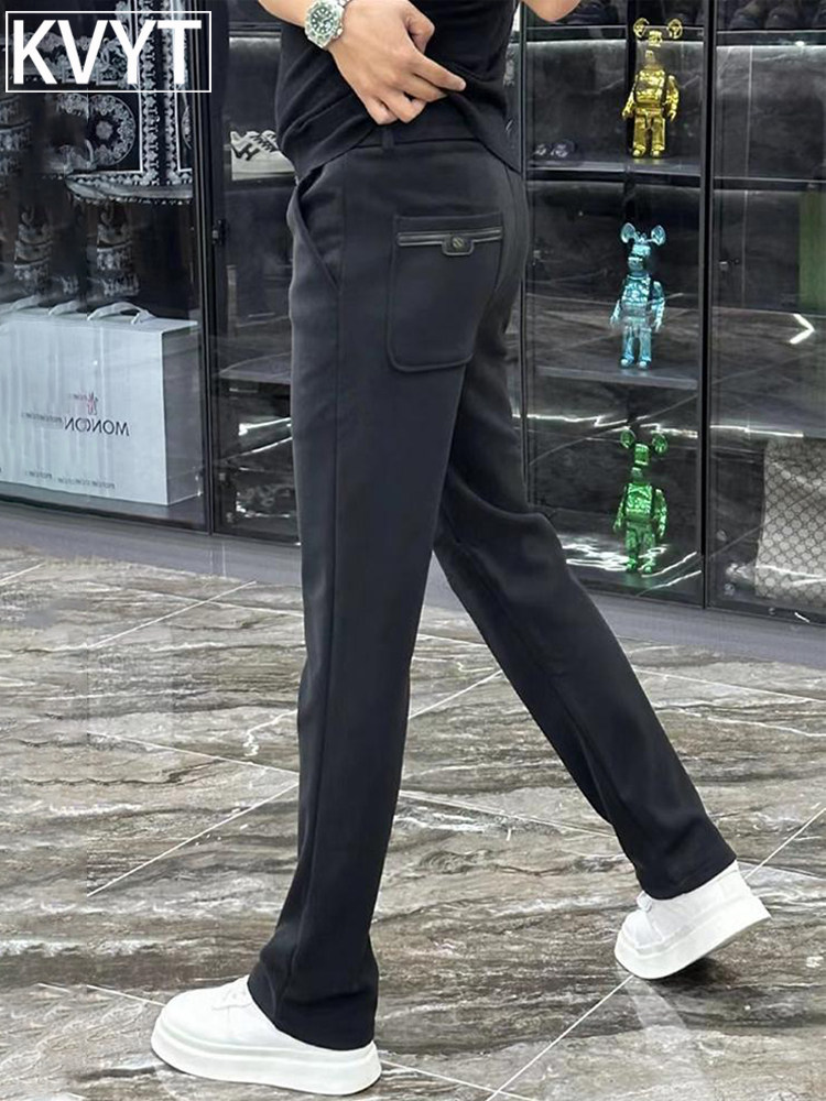 高端男士弹力运动裤秋冬新潮流品牌修身直筒裤羊毛衬里褶皱休闲运