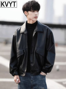潮牌男士皮衣外套秋冬季新款高级感痞帅男装机车飞行员夹克服加绒