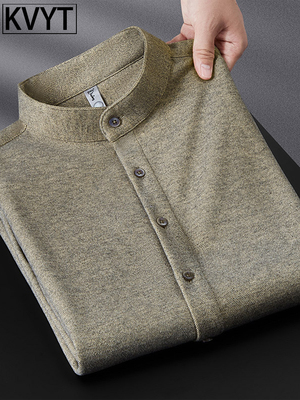 高端加绒加厚毛呢衬衫男士2025年秋冬季新款立领保暖长袖衬衣男款