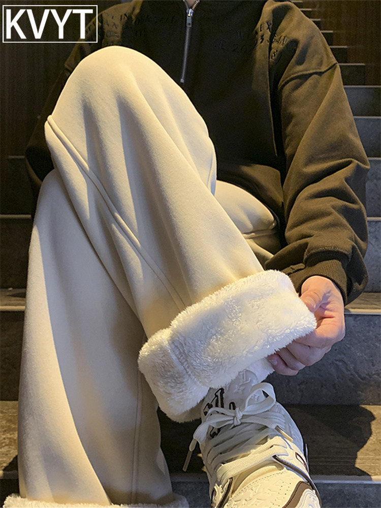 高级感男士保暖加绒羊羔绒棉裤2025年冬季新款宽松直筒加厚卫裤男