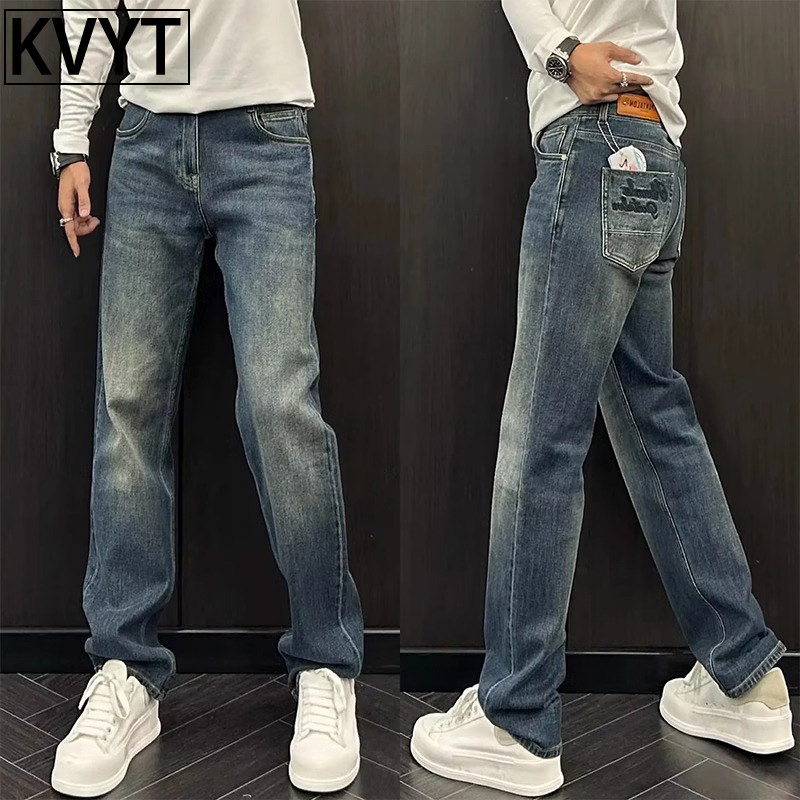 复古阔腿牛仔裤男款春秋季简约风中腰休闲裤子欧货潮牌弹力直筒裤