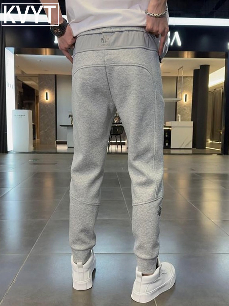 高端男士拼接刺绣加绒卫裤2025年秋冬季新款潮牌修身束脚运动男裤,男装,卫裤,淘宝优惠券,粉丝福利购,淘宝优惠卷