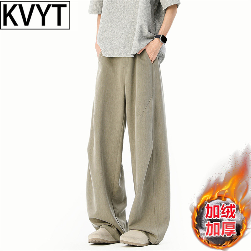 潮牌美式加绒西裤男款弯刀裤2026年冬季新款高端宽松直筒阔腿男裤