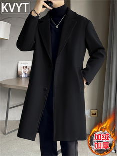 高级感男士黑色毛呢大衣2025新款冬季痞帅中长款加厚男装风衣外套