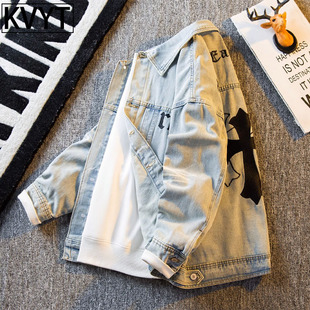 潮牌美式复古十字架牛仔夹克男士春秋季休闲高街vibe工装情侣外套