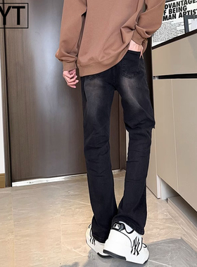 黑色牛仔裤男款美式修身直筒裤子秋季穿搭潮牌痞帅微喇叭裤男生显