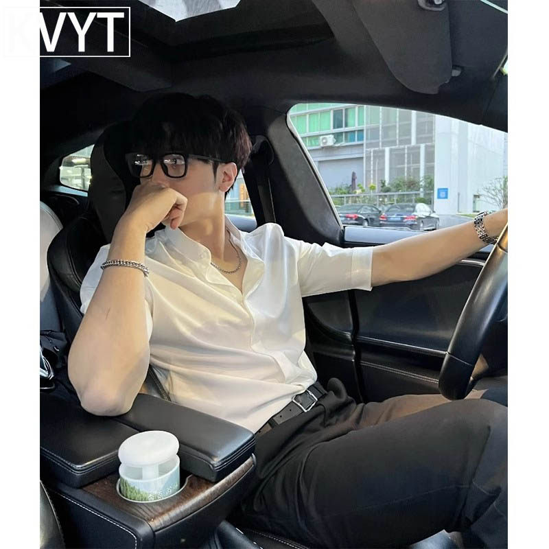 冰丝白色短袖衬衫男高级感英伦雅痞男装夏季潮牌立领七分衬衣男款
