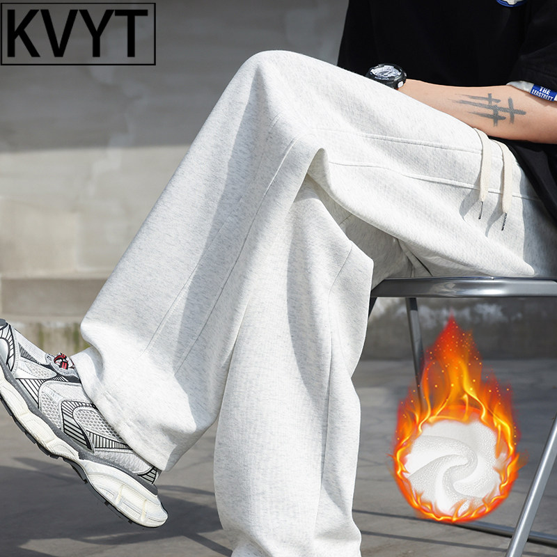 潮牌高级感阔腿裤男士冬季加绒加厚卫裤2025新款宽松直筒运动男裤