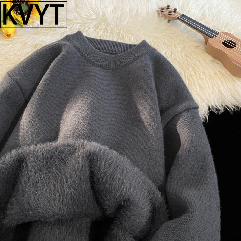 毛衣男款圆领加绒保暖上衣2026年冬季新款加厚男装内搭针织打底衫