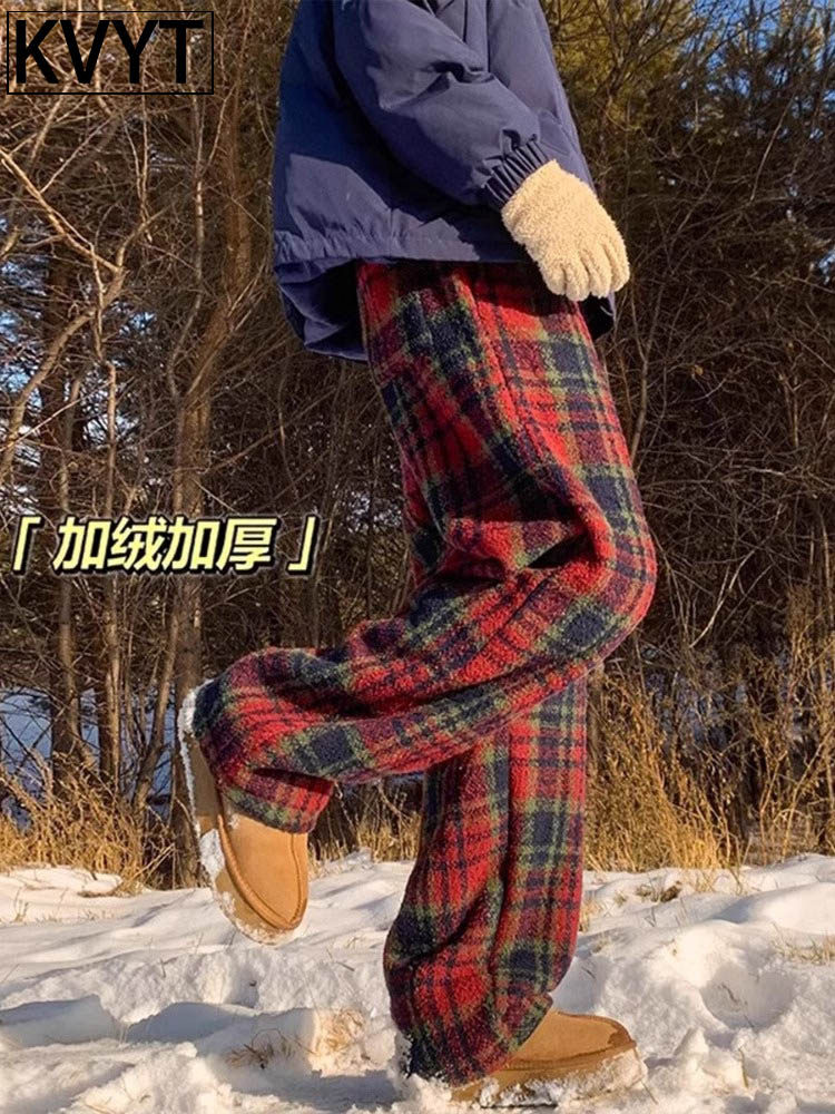 弯刀毛呢格子裤男冬季外穿加绒加厚潮牌宽松直筒阔腿裤休闲长裤子