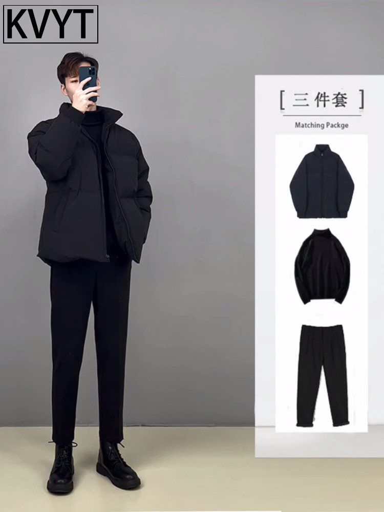 潮男套装高级感英伦棉服西裤男装搭配帅气男士三件套2025新款冬季