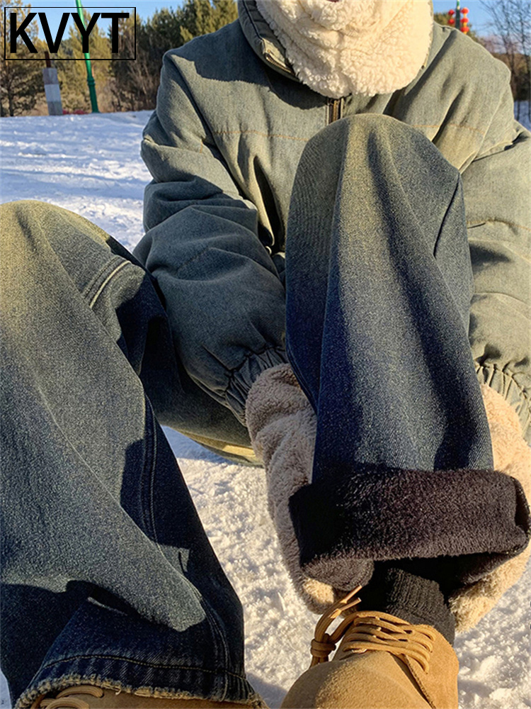 高端男士加绒牛仔裤2025年秋冬季新款防寒保暖阔腿长裤男加厚裤子