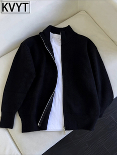 潮牌黑色拉炼开衫毛衣男士2025新款秋冬季外套男款立领针织衫夹克