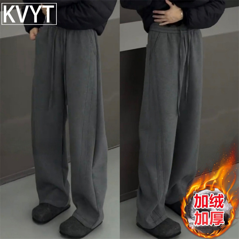 潮牌男士休闲裤子冬季加绒卫裤2026新款美式重磅加厚直筒阔腿男裤