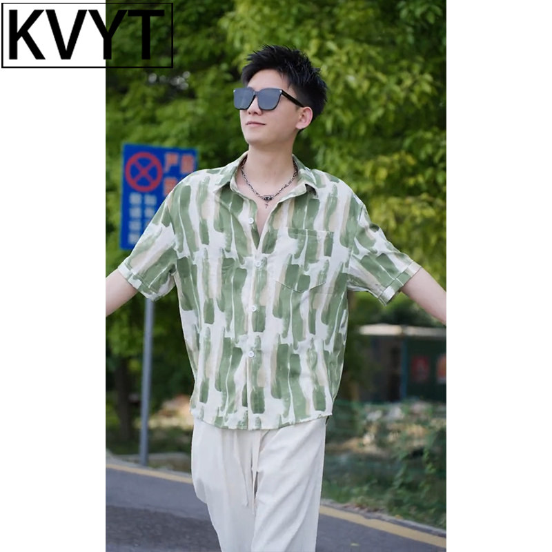 高级感条纹寸衫男夏季薄款冰丝凉感短袖衬衫男款2026新款痞帅半袖