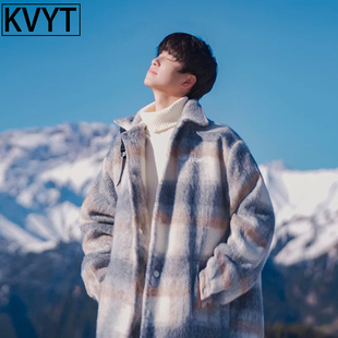 短款格子毛呢大衣男冬季2025新款韩版潮牌痞帅上衣服男款外套加厚