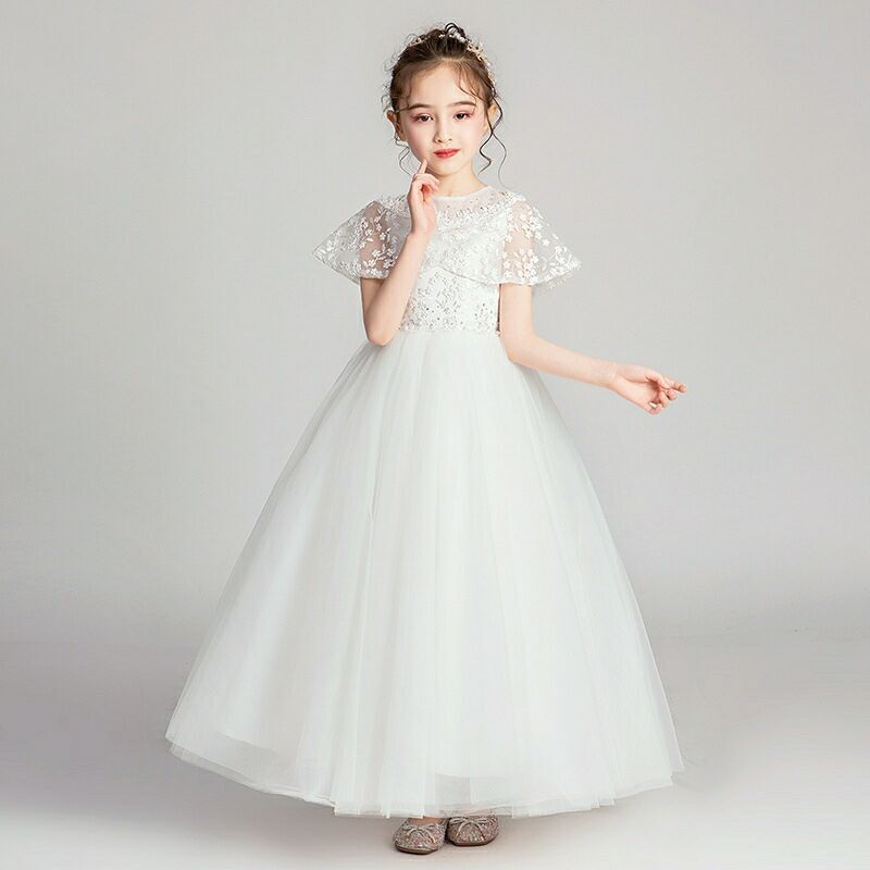 贝恋妍女童生日公主裙秋季花童婚纱裙白色蓬蓬纱小女孩晚礼服儿童