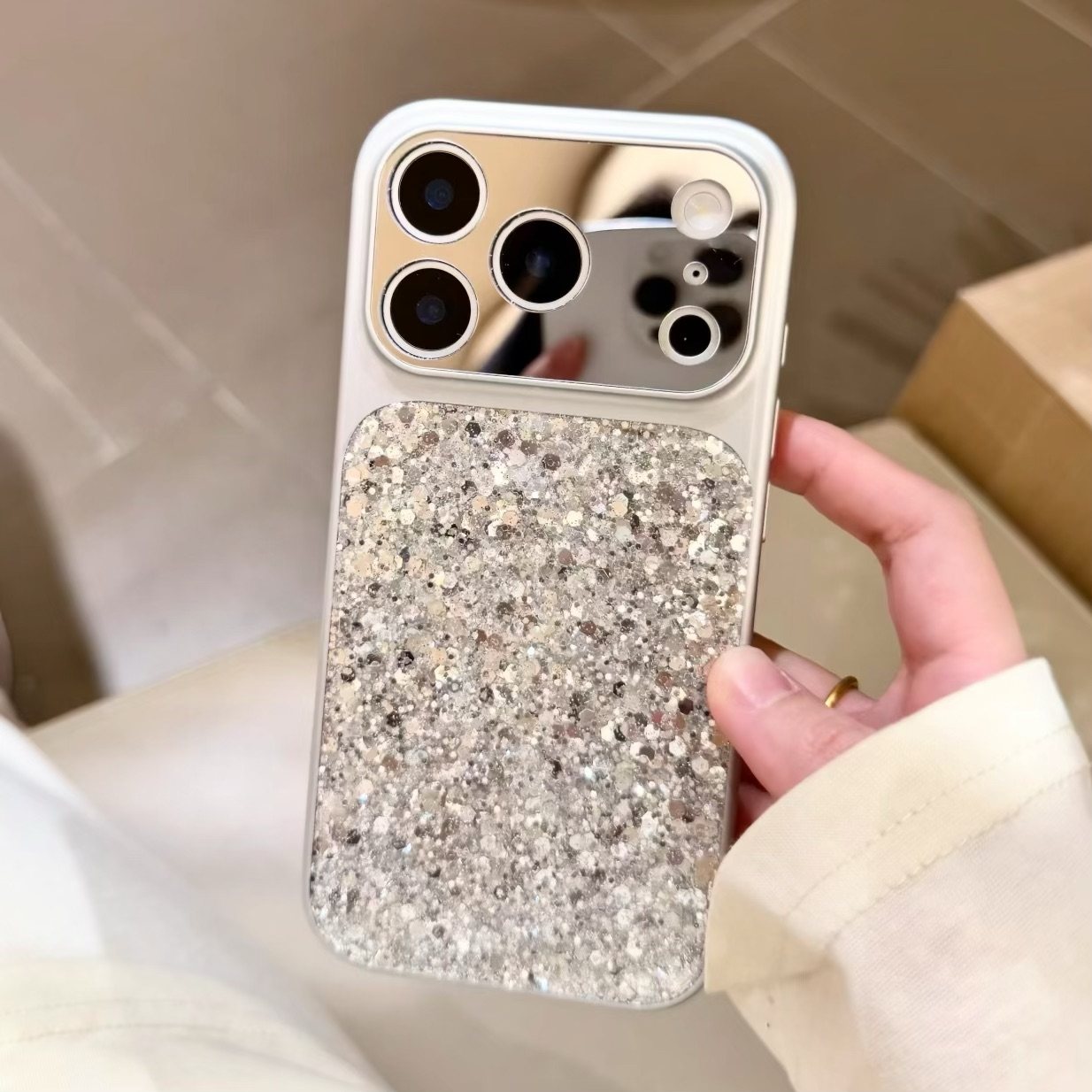 镜面超闪带碎钻适用于苹果17promax手机壳新款大视窗全包适用于iPhone16/15/14/13保护套巨好看独特网红防摔