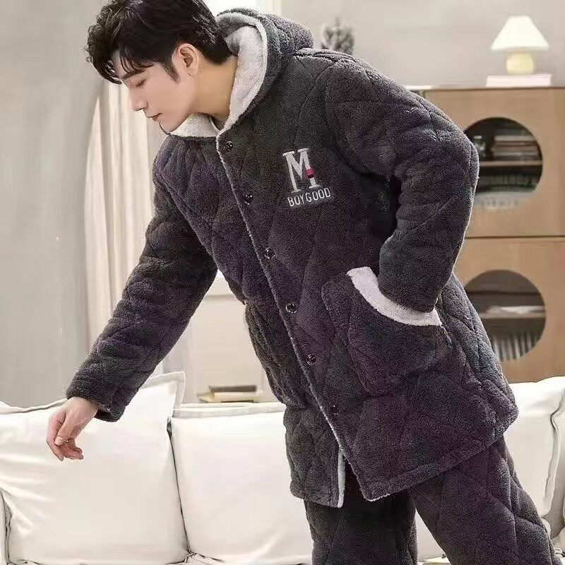睡衣男中长款三层夹棉套装