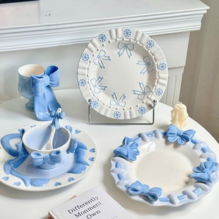 蝴蝶结釉下彩餐具法式浪漫浮雕立体陶瓷盘子精致餐盘碗甜品盘礼物