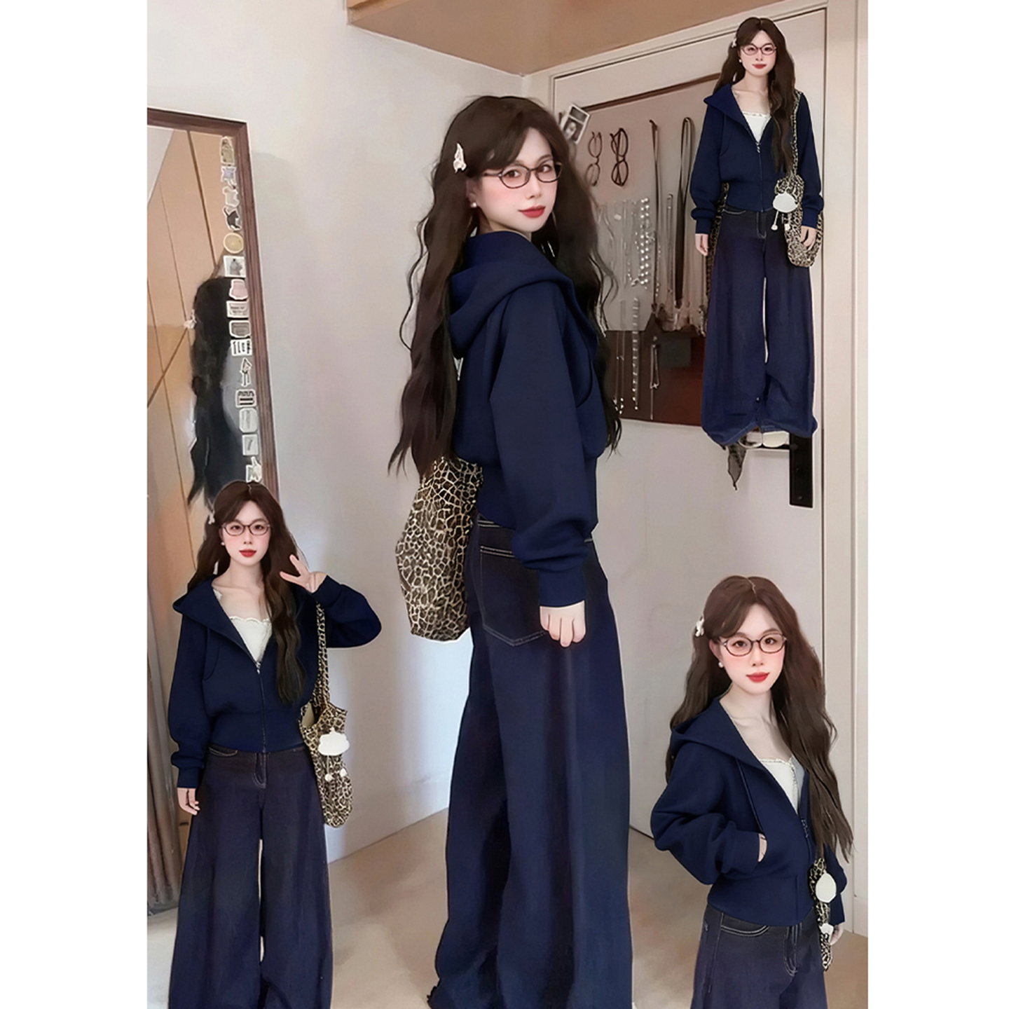 藏青色短款卫衣外套女秋冬季韩系