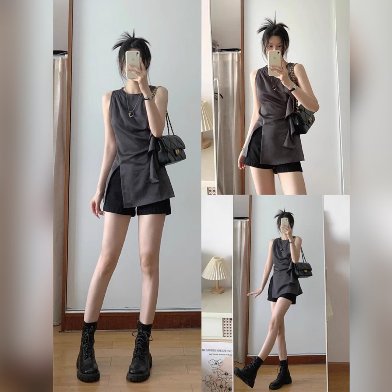 又a又飒灰色无袖背心短裤两件套