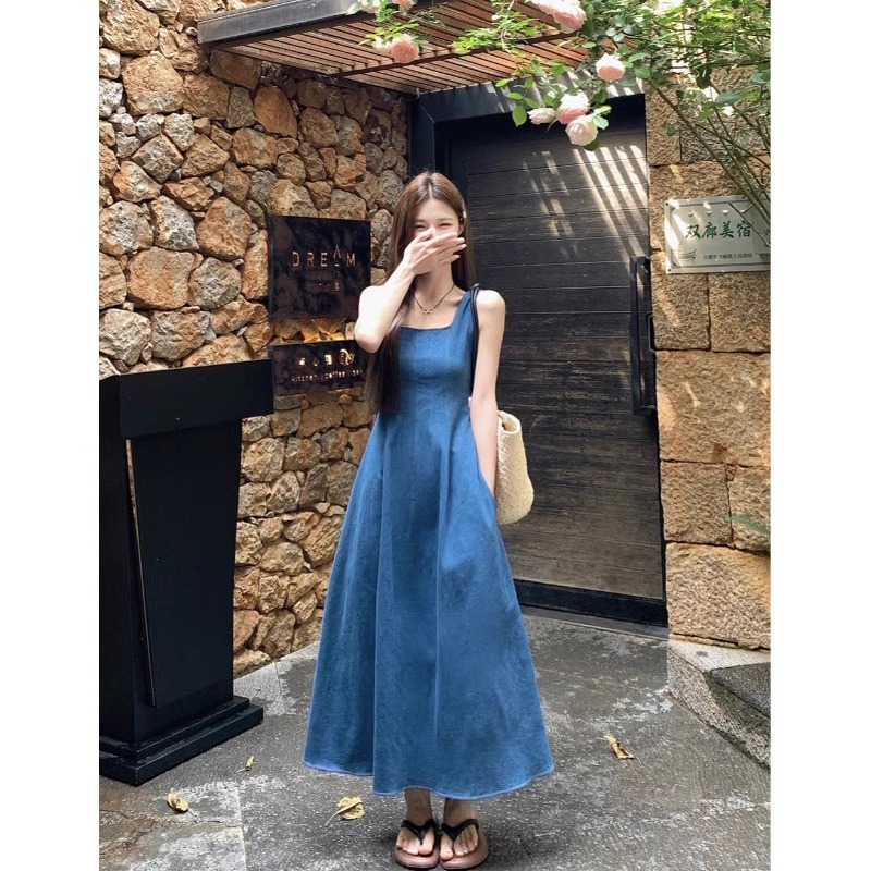 复古蓝色牛仔吊带背心连衣裙女夏季法式气质收腰显瘦A字裙长裙子